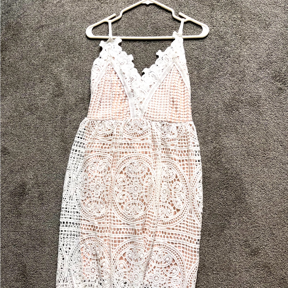 White midi dress, beige undertones